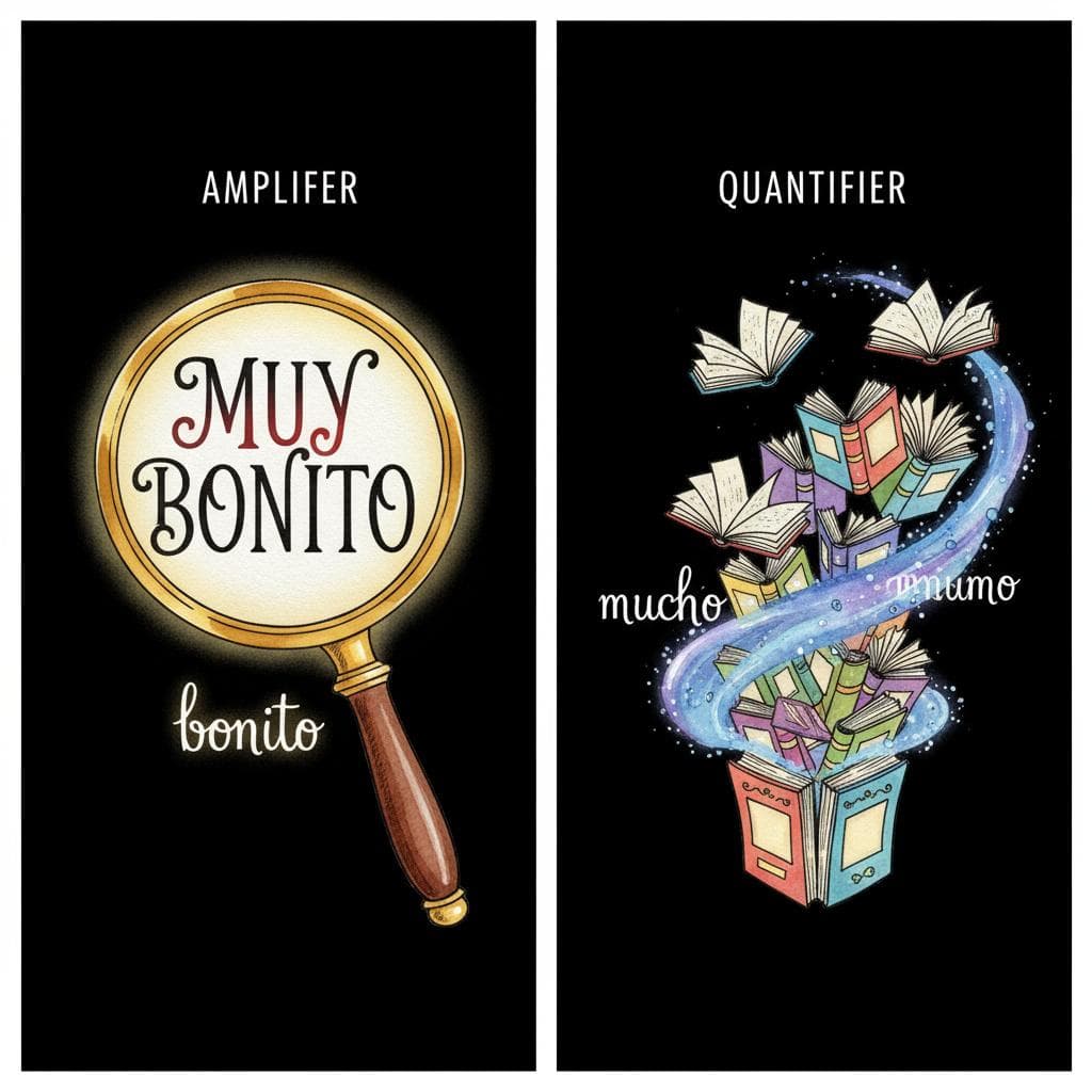 A split image illustrating the concepts of 'amplifier' and 'quantifier'. On the left, a magnifying glass is enlarging a small, simple word like 'bonito' (pretty) to 'MUY BONITO' (very pretty), symbolizing 'muy' as an amplifier. On the right, a small group of items (e.g., three books) is transforming into a large, overflowing pile of books, symbolizing 'mucho' as a quantifier.  black background.