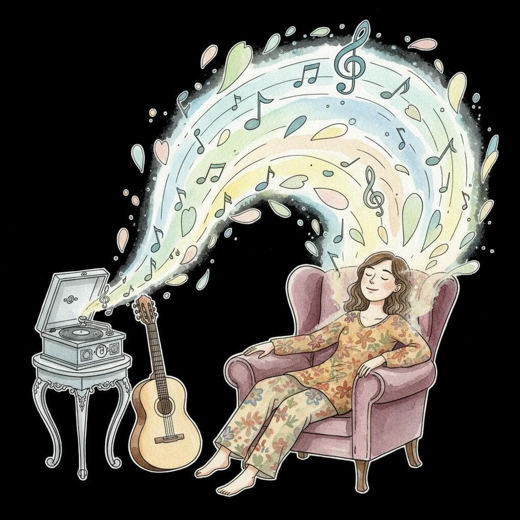 A person smiling pleasantly, with musical notes and a gentle, happy aura emanating from a record player or instrument towards them. The person is relaxed, receiving the pleasantness. The focus is on the object (music) as the active source of pleasure.  black background.
