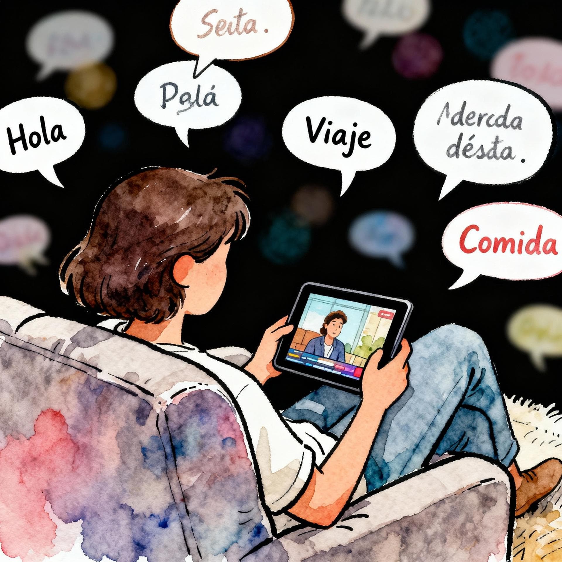 Charming ink and watercolor painting, clean lines, vibrant but soft color palette, storybook style, dark background. A person sitting comfortably on a couch, holding a tablet displaying a video, surrounded by floating speech bubbles containing Spanish words and phrases (e.g., 'Hola', 'Viaje', 'Comida').