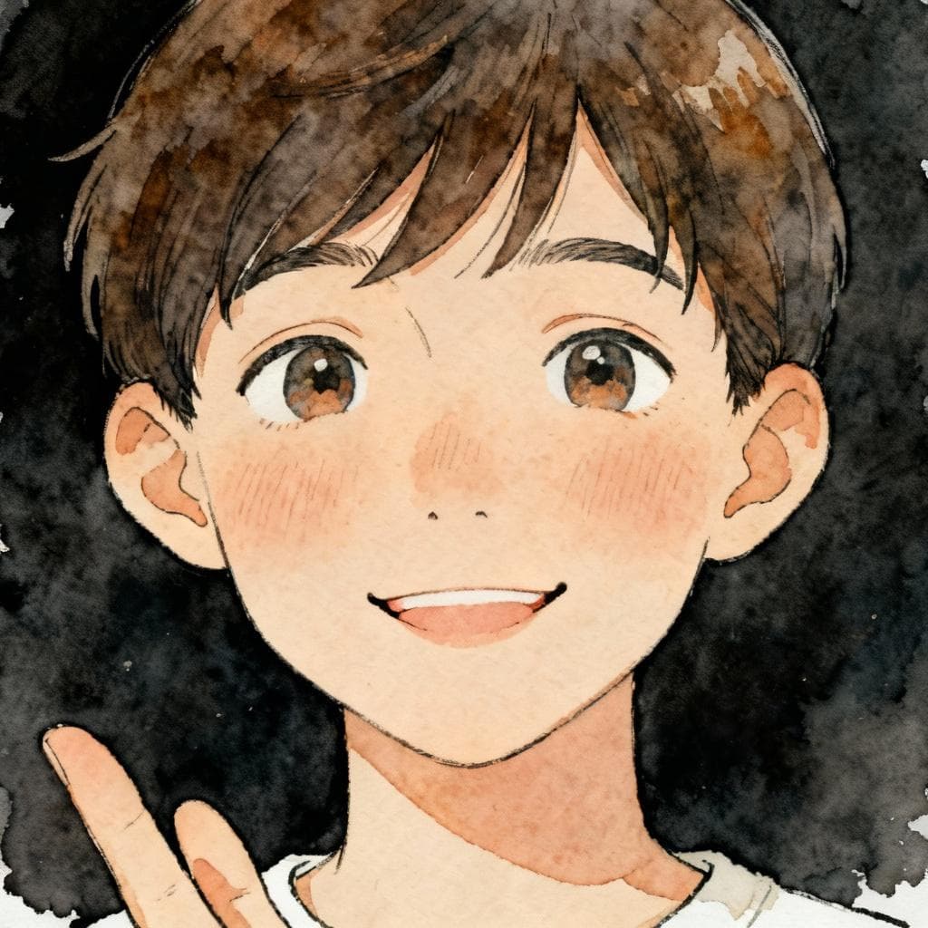 A close-up illustration of a person with a kind expression, making polite eye contact and offering a gentle smile to signal they'd like to speak. Charming ink and watercolor painting, clean lines, soft color palette, storybook style. dark background.