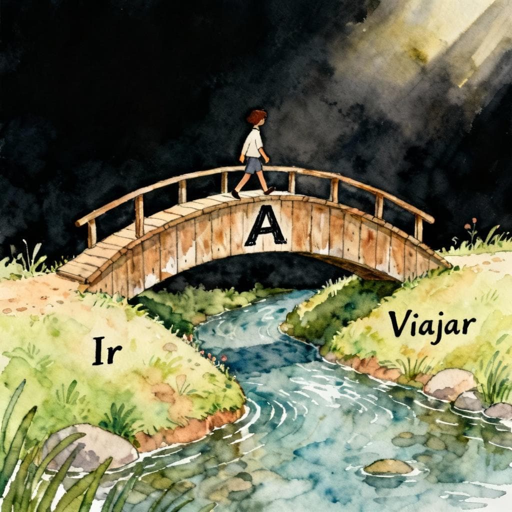 Charming ink and watercolor painting, clean lines, vibrant but soft color palette, storybook style, dark background. A small, wooden bridge spans a tiny river. The bridge has the letter 'A' painted clearly on its side. A person is walking across the bridge from a shore labeled 'Ir' to a shore labeled 'Viajar'.