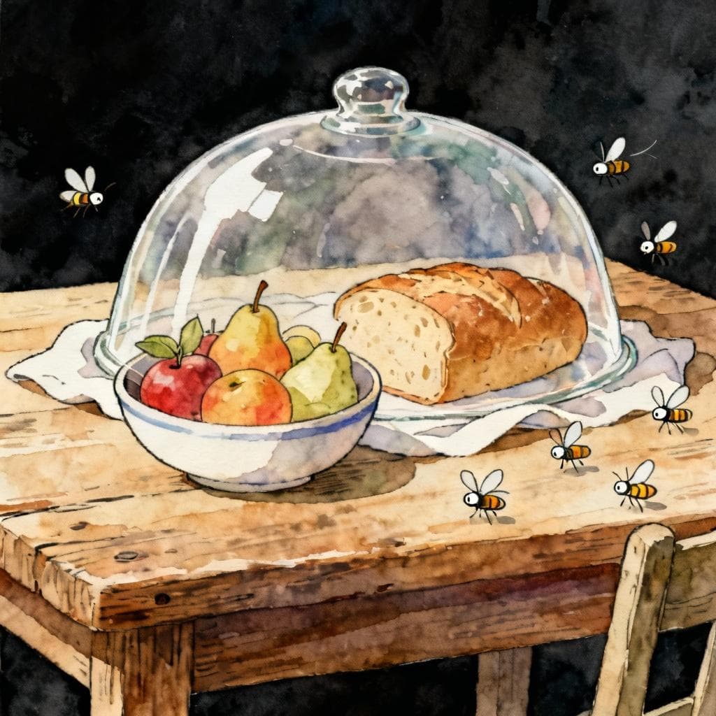 Charming ink and watercolor painting, clean lines, vibrant but soft color palette, storybook style, dark background. A rustic wooden table is set with a bowl of fruit and a loaf of bread. A large, clear glass dome or cloth cover is placed over the food. Several small, cartoonish flies are buzzing near the edge of the table.