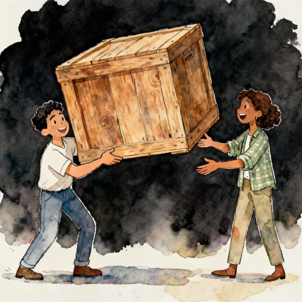Charming ink and watercolor painting, clean lines, vibrant but soft color palette, storybook style, dark background. Two friendly, diverse people are standing next to a large, heavy wooden box. One person is clearly struggling to lift the box, and the second person is extending their hand toward the box, ready to help.