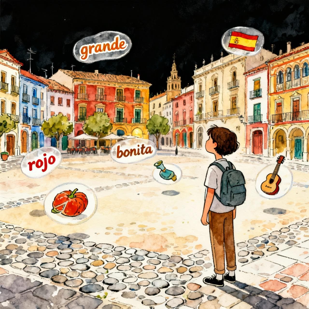 A curious language learner looking at a vibrant Spanish town square, with floating, stylized Spanish adjectives like 'grande', 'rojo', 'bonita' appearing next to objects. Charming ink and watercolor painting, clean lines, vibrant but soft color palette, storybook style. dark background.