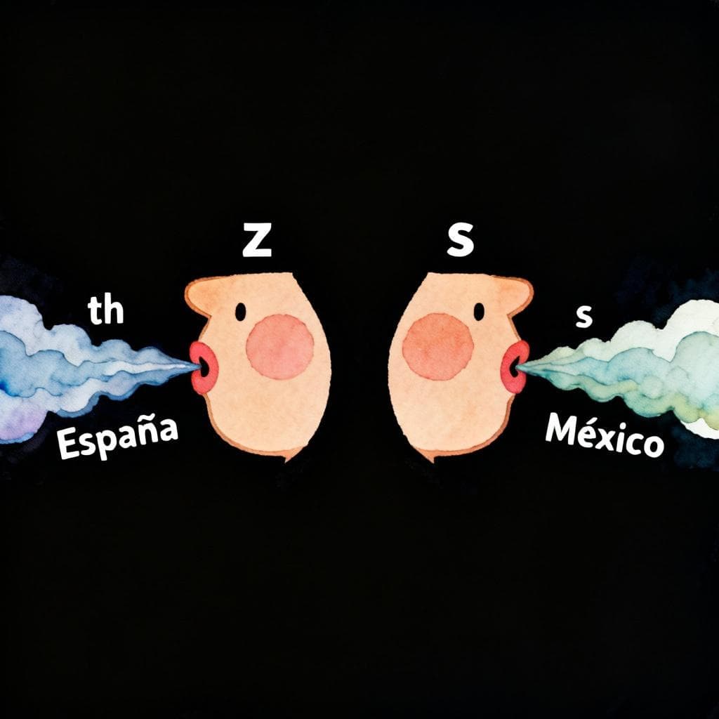 Charming ink and watercolor painting, clean lines, vibrant but soft color palette, storybook style, dark background. Two simple side-by-side mouths: left labeled 'España' exhaling 'th' sound; right labeled 'México' exhaling 's' sound. Above the left, a single letter 'z'; above the right, a single letter 's'. Minimal composition.