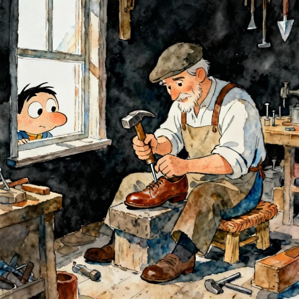 Charming ink and watercolor painting, clean lines, vibrant but soft color palette, storybook style, dark background. A traditional shoemaker sits on a low stool in his workshop, intently focused on hammering a nail into a leather shoe. He is ignoring a window where a curious, cartoonish face is peering in.