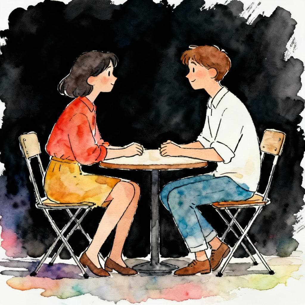 Charming ink and watercolor, clean lines, soft vibrant palette, storybook style on a dark background. Two people sitting at a small café table, chatting comfortably. Minimal details.