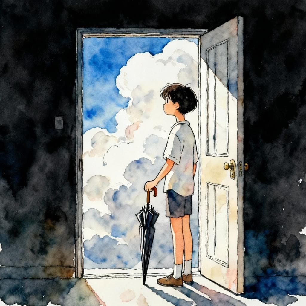 Charming ink and watercolor painting, clean lines, vibrant but soft color palette, storybook style, dark background. A person stands in a doorway looking outside at a cloudy sky. They are holding a closed umbrella in one hand and looking thoughtful.