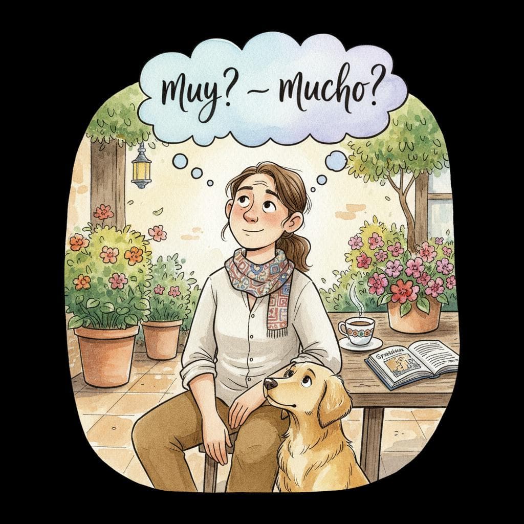 A friendly person with a thought bubble above their head, containing both 'Muy' and 'Mucho' with question marks, looking slightly confused but determined to learn. The background is a soft, inviting Spanish-style scene with a dog nearby.  black background.