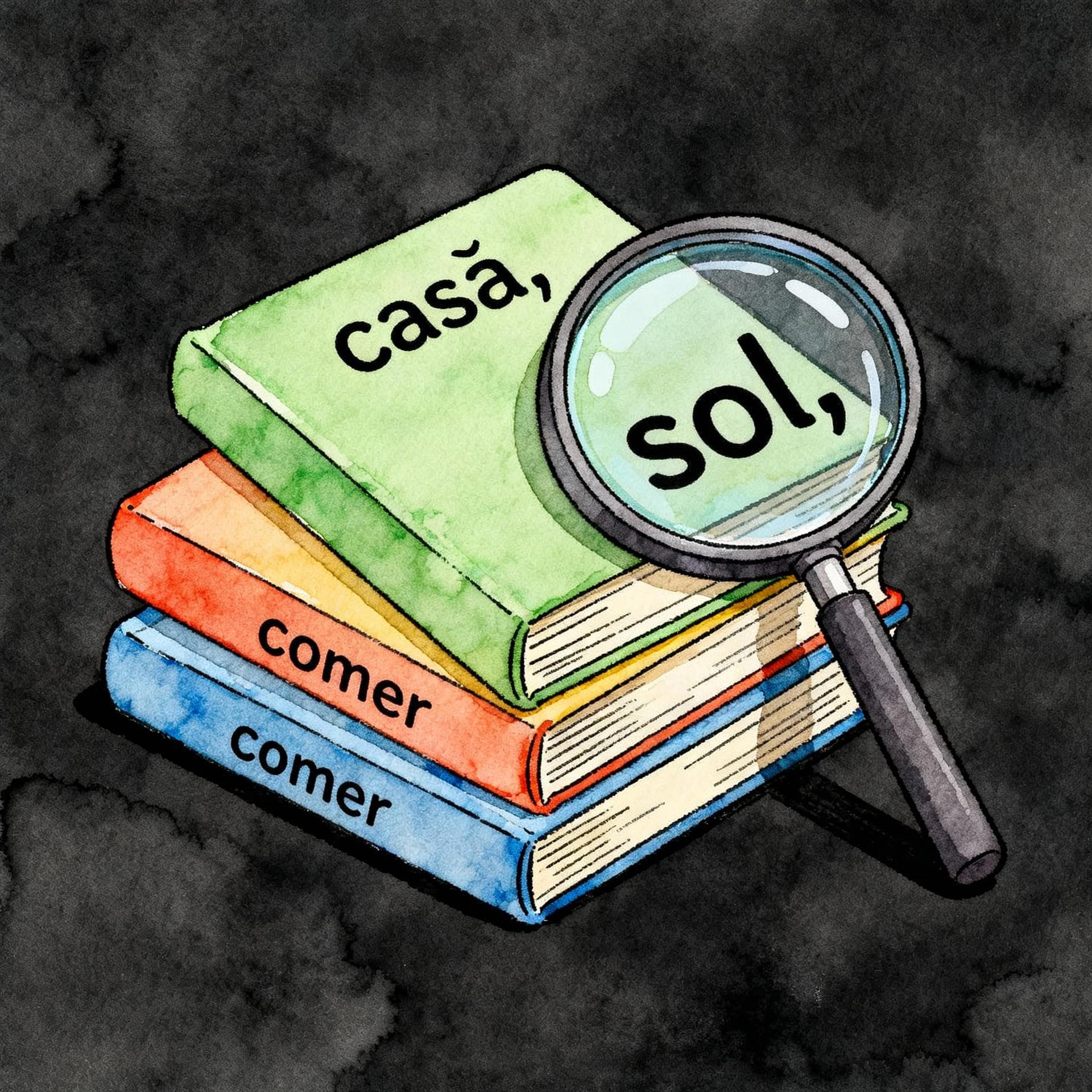 A stack of colorful, thin children's books labeled with simple Spanish words like 'casa,' 'sol,' and 'comer.' Next to the stack is a magnifying glass highlighting the clear, large text on the cover of the top book. Charming ink and watercolor painting, clean lines, vibrant but soft color palette, storybook style, dark background.