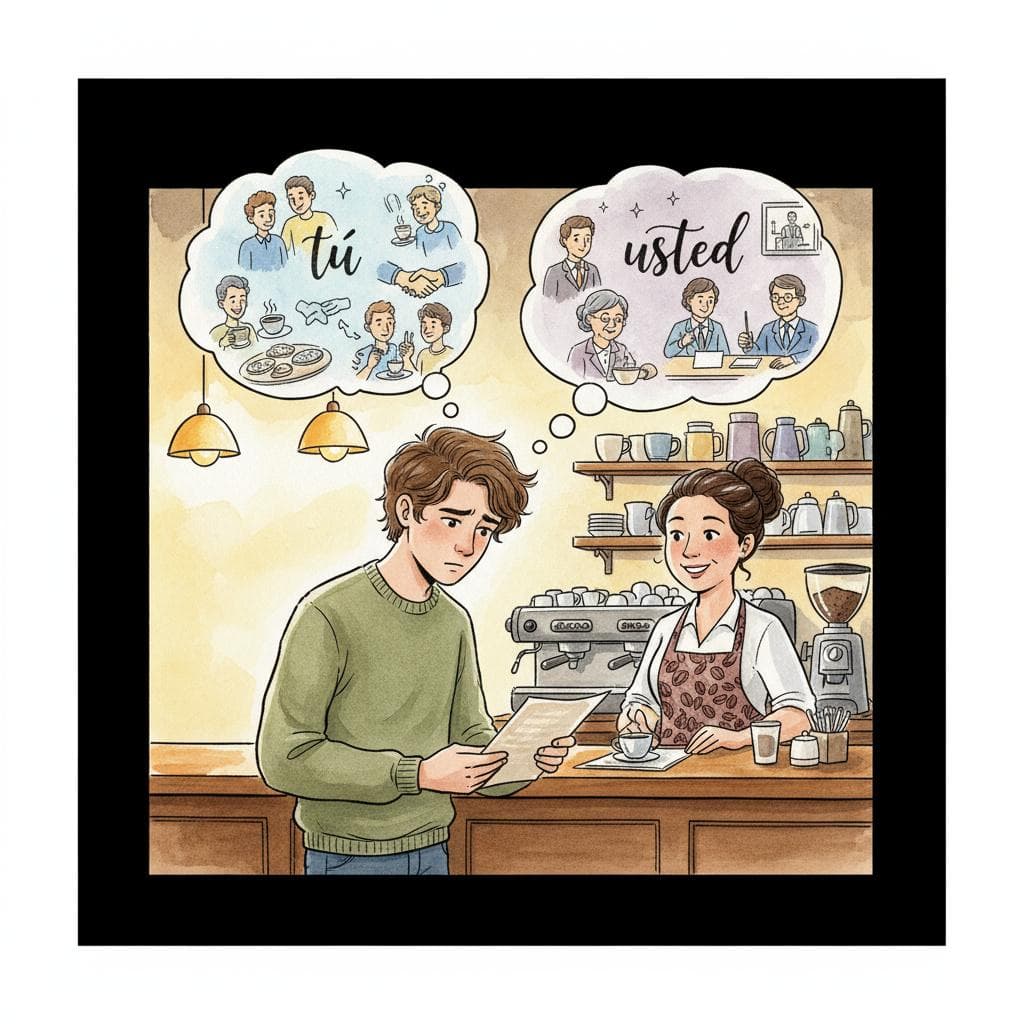 A young person stands at a quaint café counter in Madrid, looking slightly confused. Two faint thought bubbles hover above their head, one clearly showing 'tú' with informal, friendly imagery (e.g., friends chatting), and the other showing 'usted' with formal, respectful imagery (e.g., a person addressing an elder). The barista looks patient. Warm, inviting lighting. black background.