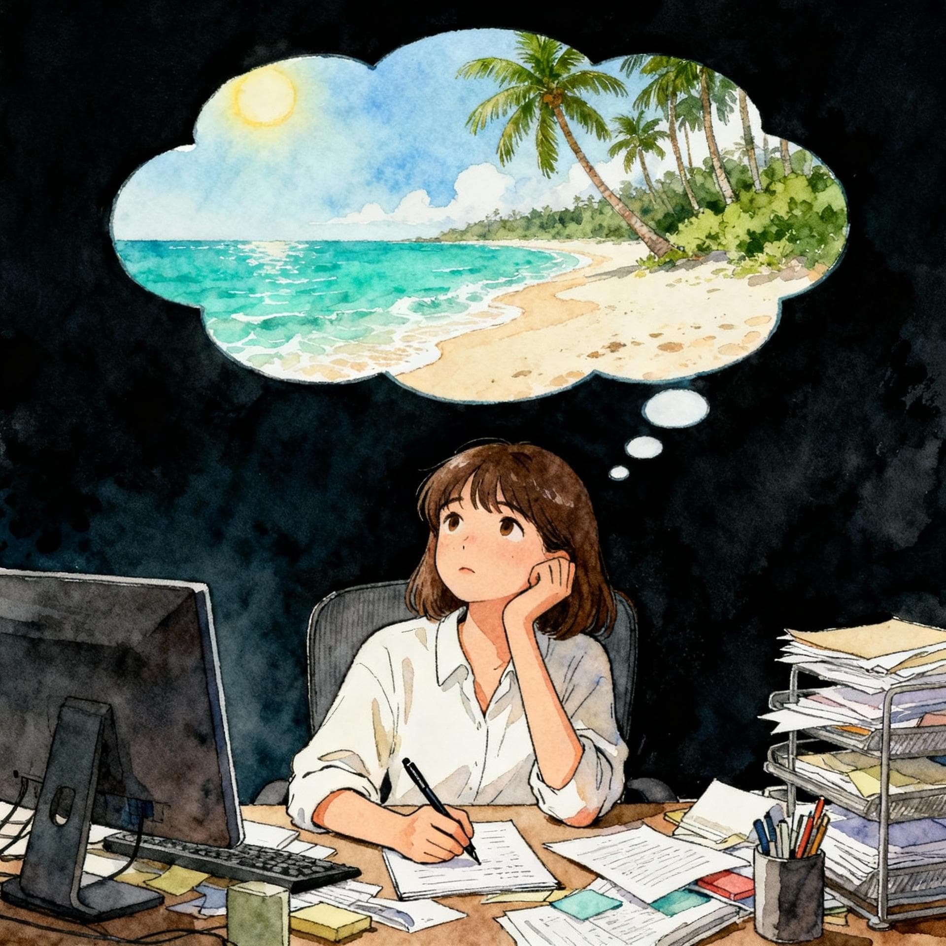 Charming ink and watercolor painting, clean lines, vibrant but soft color palette, storybook style, dark background. A young woman sitting at a messy office desk, holding a pen but staring blankly into the distance. Above her head, a clear thought bubble shows a sunny beach with palm trees and turquoise water.