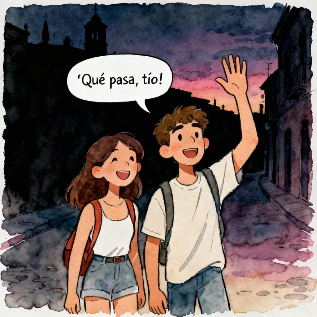 Charming ink and watercolor painting, clean lines, vibrant but soft color palette, storybook style, dark background. Two young adults on a Spanish street at dusk, smiling; one raises a hand in greeting with a simple speech bubble that says “¡Qué pasa, tío!”. Minimal building silhouettes, no clutter, friendly vibe.