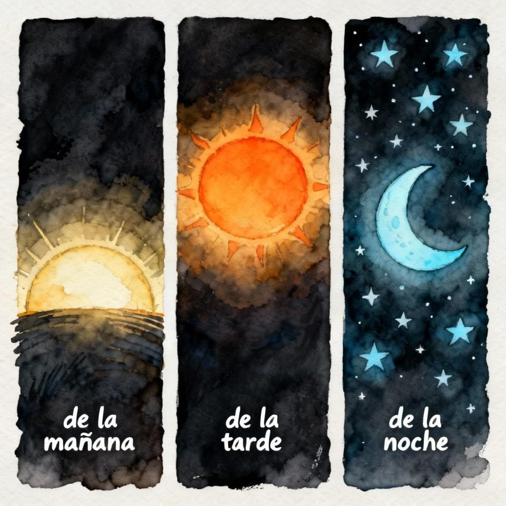 A simple three-panel image. The first panel shows a rising sun with 'de la mañana'. The middle panel shows a high sun with 'de la tarde'. The third panel shows a crescent moon and stars with 'de la noche'. Ink and watercolor painting, vibrant but soft colors, storybook style. dark background.