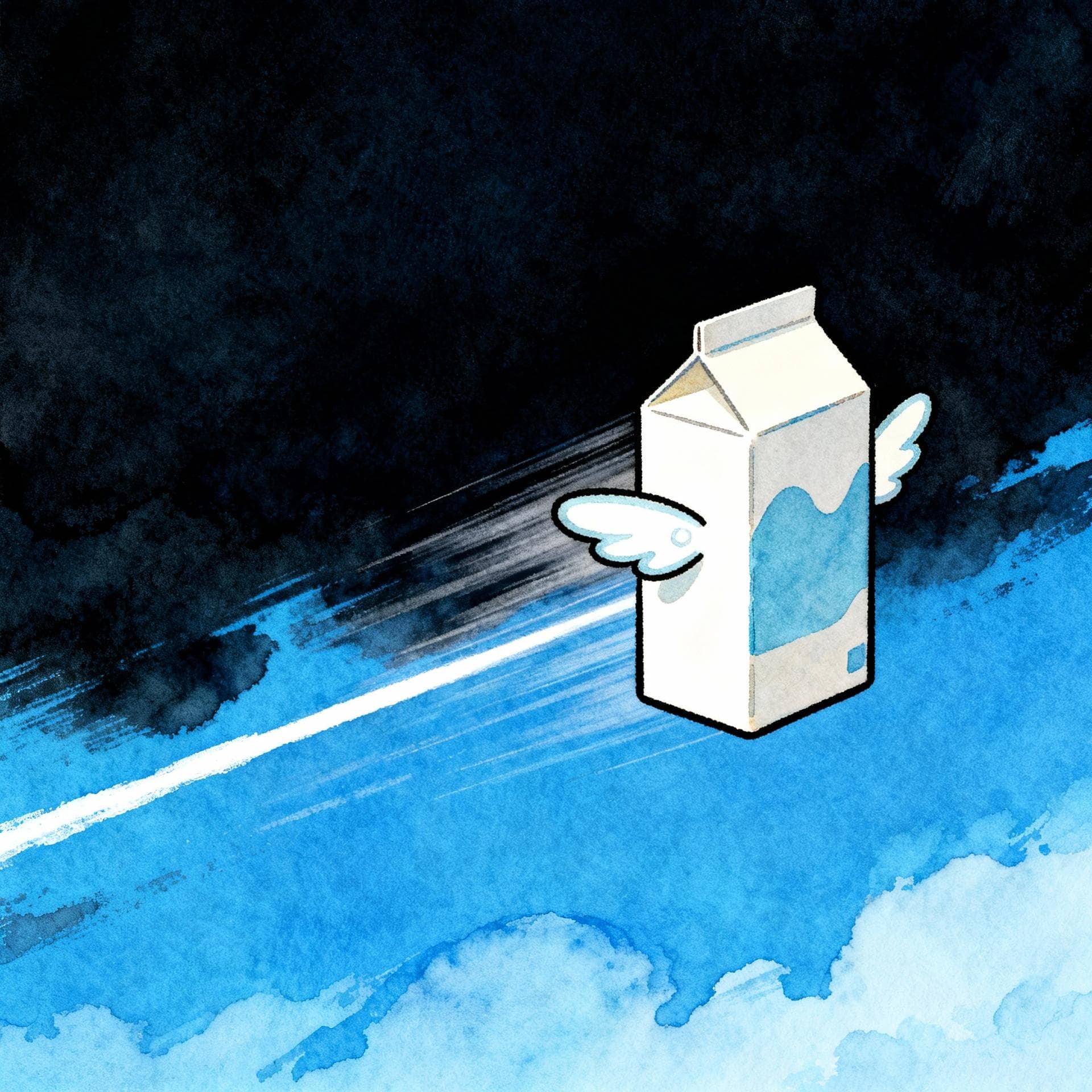 Charming ink and watercolor painting, clean lines, vibrant but soft color palette, storybook style, dark background. A single, stylized milk carton with small wings is flying extremely fast across a blue sky, leaving a white streak behind it.
