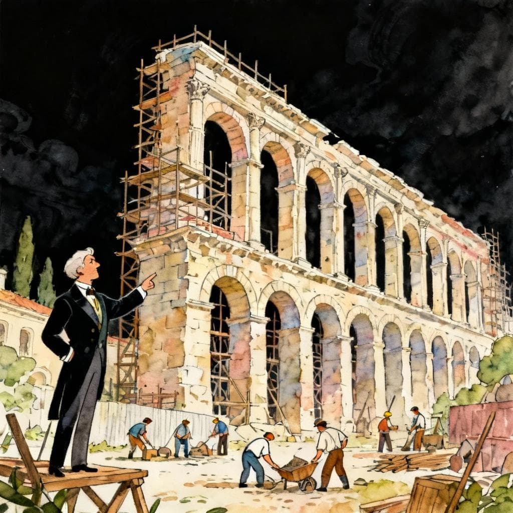 An illustration of an old, grand structure being built, perhaps a Roman aqueduct or an ancient monument. A distinguished figure (the 'Agent') is clearly visible directing the workers, symbolizing the explicit mention of the agent ('por') in the passive voice structure. The scene should look formal and historical. Charming ink and watercolor painting, clean lines, vibrant but soft color palette, storybook style, dark background.