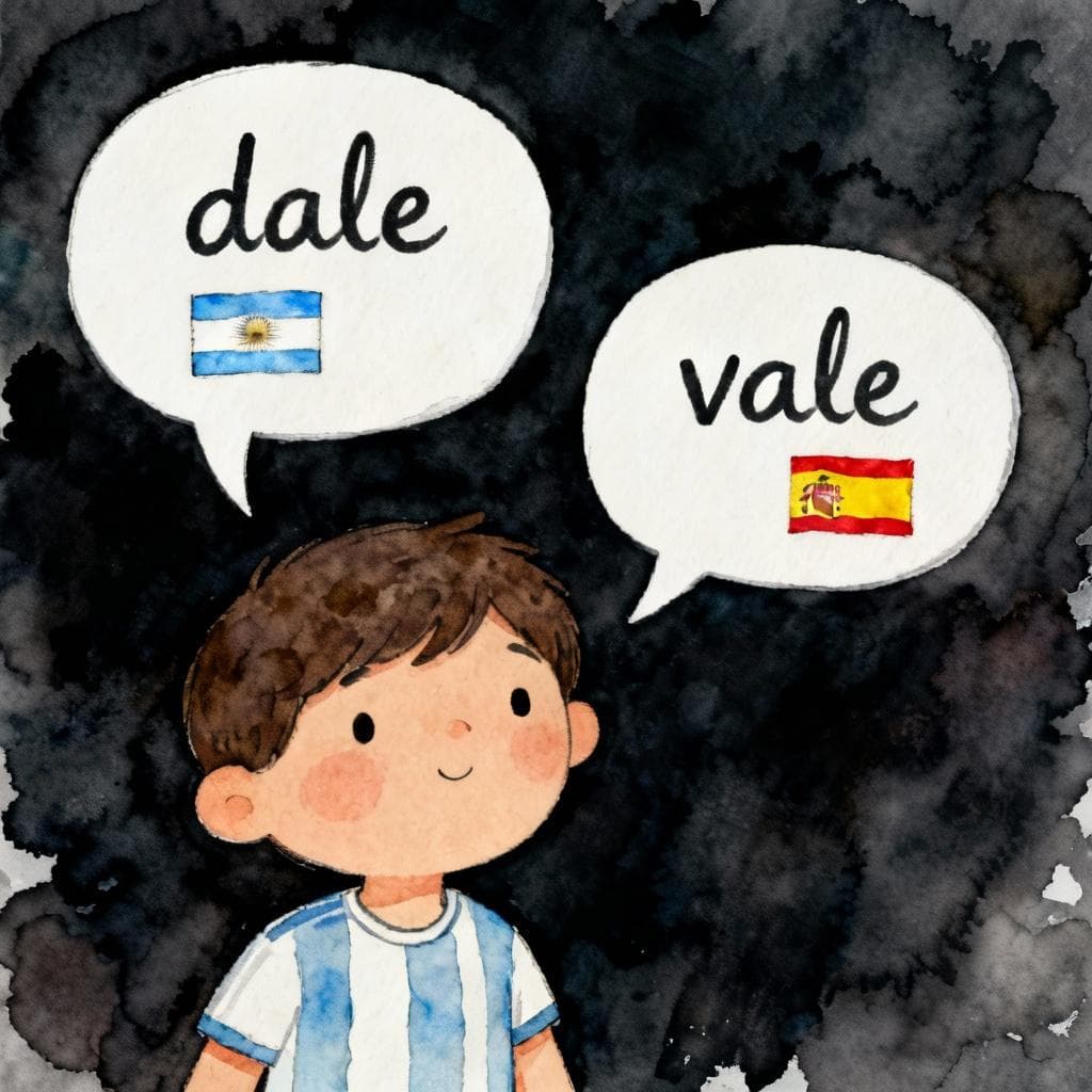 Two simple speech bubbles on a dark background, one says ‘dale’ with a small Argentina flag, the other says ‘vale’ with a small Spain flag; charming ink and watercolor painting, clean lines, vibrant but soft palette, storybook style