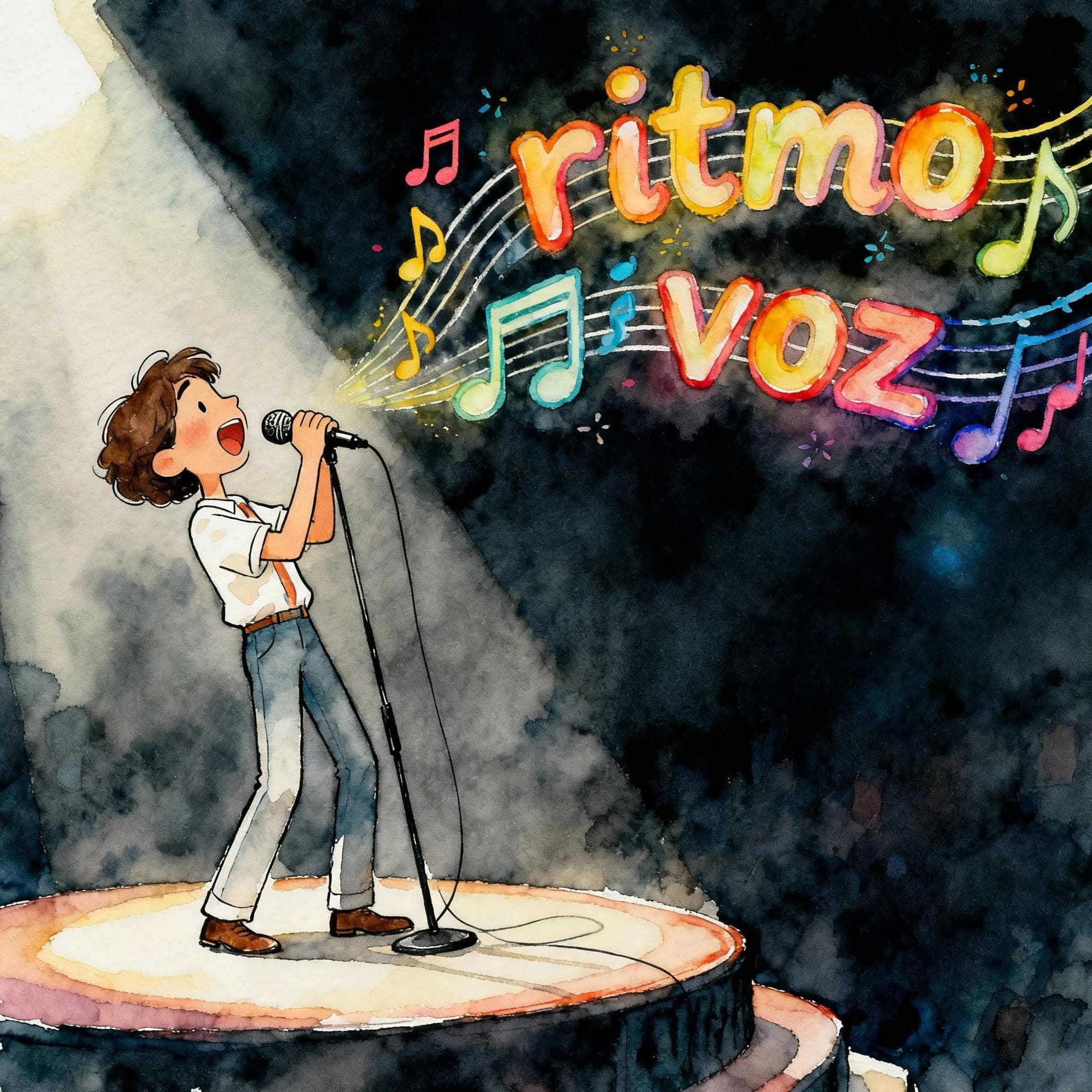 A person standing on a stage holding a microphone, singing enthusiastically. The background is dark, and bright, stylized musical notes and Spanish words like 'ritmo' and 'voz' emanate from their mouth. Charming ink and watercolor painting, clean lines, vibrant but soft color palette, storybook style, dark background.