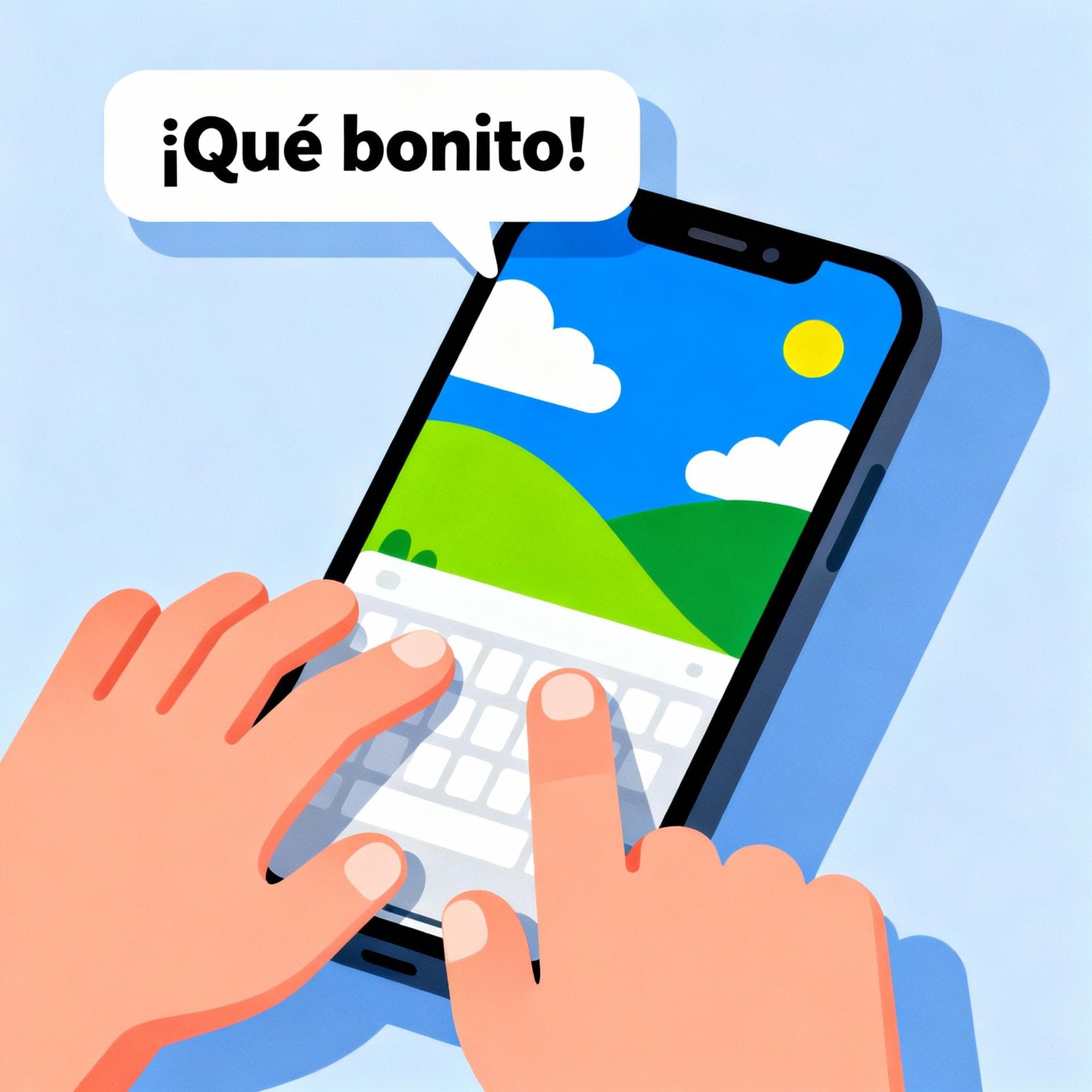 A stylized illustration of a hand typing a short, simple comment on a phone screen. The comment bubble reads '¡Qué bonito!' and the background image on the screen is a colorful landscape.