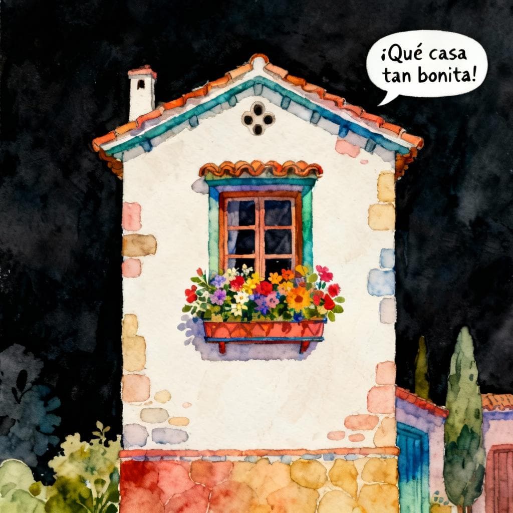 A charming and colorful Spanish-style house with a beautiful flower box on the window. The house is the central focus, looking very pretty and inviting. A small speech bubble floats nearby with '¡Qué casa tan bonita!'. Charming ink and watercolor painting, clean lines, vibrant but soft color palette, storybook style, dark background.
