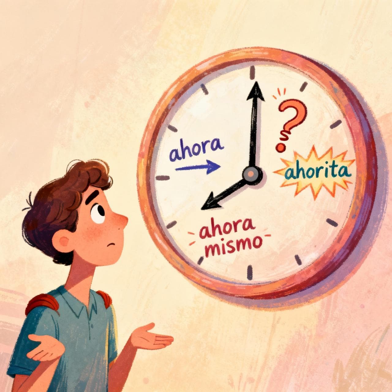 A friendly, confused-looking person shrugging while looking at a whimsical, oversized clock. The clock face has three hands: one labeled "ahora" pointing vaguely forward, one labeled "ahorita" wiggling like a question mark, and one labeled "ahora mismo" flashing urgently.