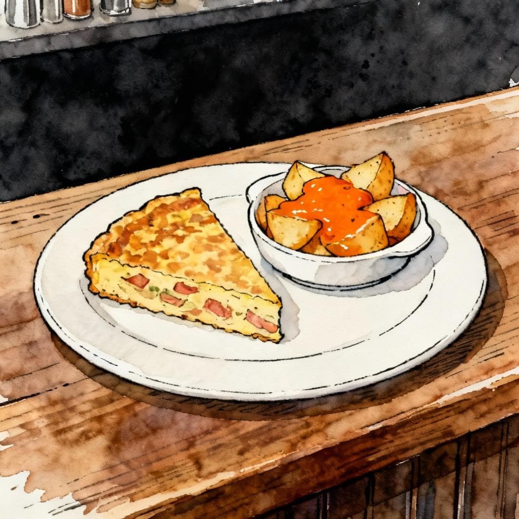 Two classic tapas on a simple white plate: a wedge of tortilla española and a small dish of patatas bravas with orange-red sauce; wooden bar surface, minimal props. Charming ink and watercolor painting, clean lines, vibrant but soft color palette, storybook style. dark background.