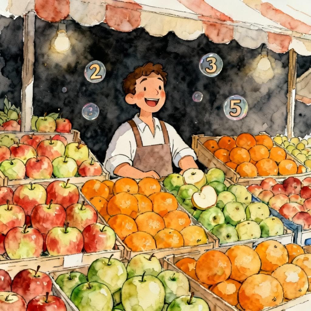 A vibrant Spanish market stall overflowing with colorful fruits like apples and oranges. A friendly vendor is smiling. Floating numbers like '2', '3', '5' are subtly integrated into the scene. Charming ink and watercolor painting, clean lines, vibrant but soft color palette, storybook style. dark background.