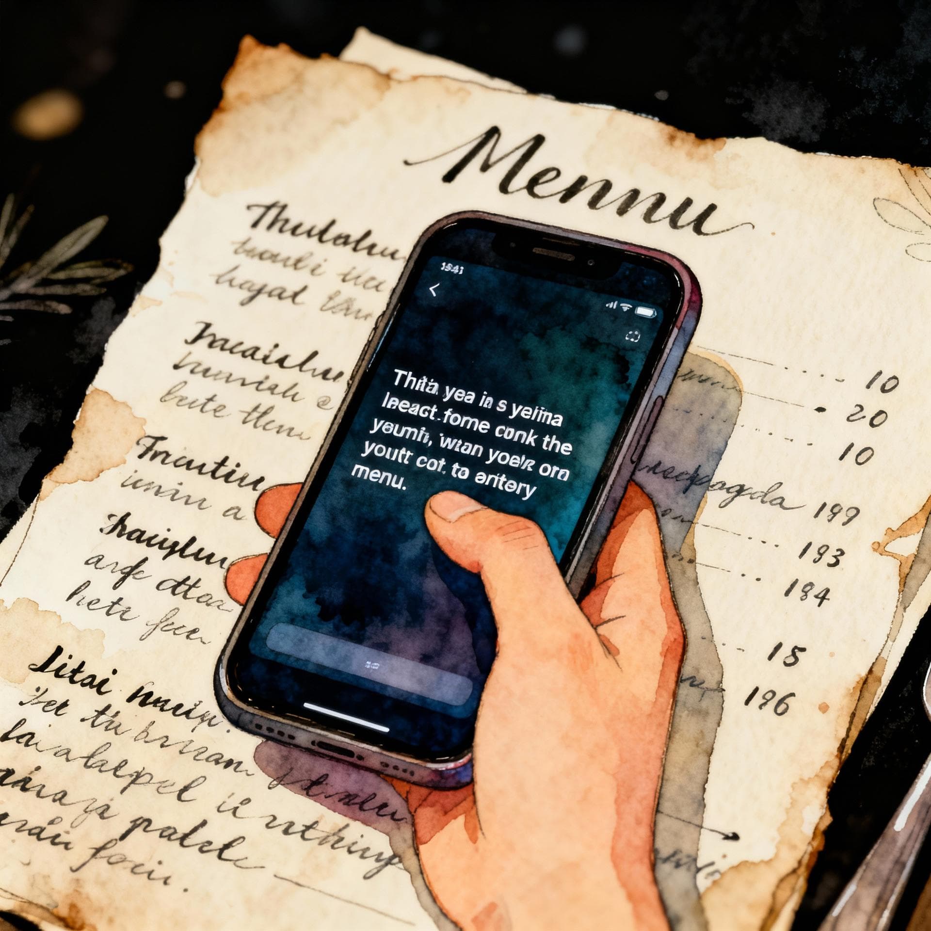 A close-up view of a hand holding a smartphone over a rustic, handwritten menu in a foreign language. The phone screen shows the text instantly translating from the foreign language into English. Charming ink and watercolor painting, clean lines, vibrant but soft color palette, storybook style, dark background.