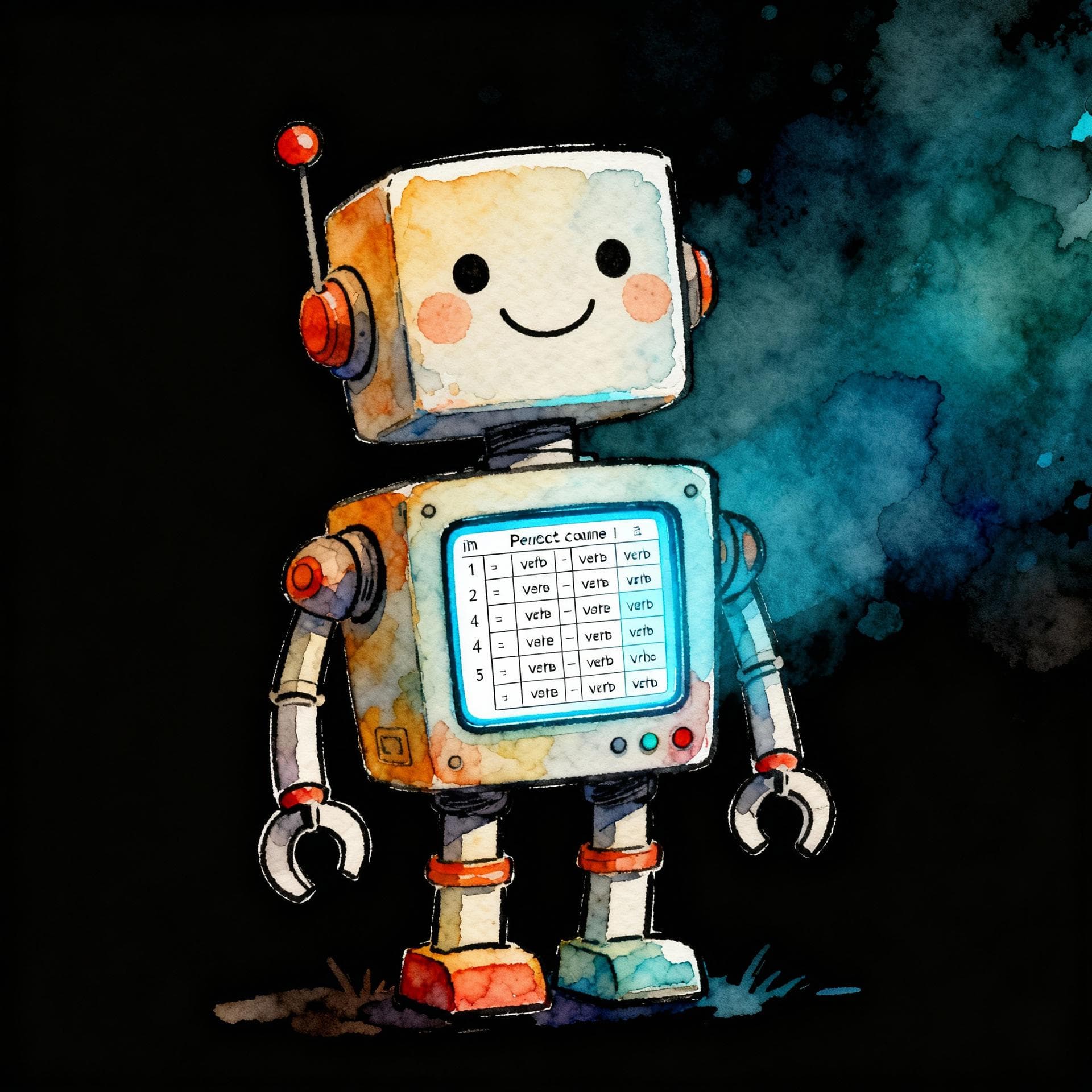 Charming ink and watercolor painting, clean lines, vibrant but soft color palette, storybook style, dark background. A friendly, smiling cartoon robot with a screen on its chest displaying a perfectly conjugated verb chart.
