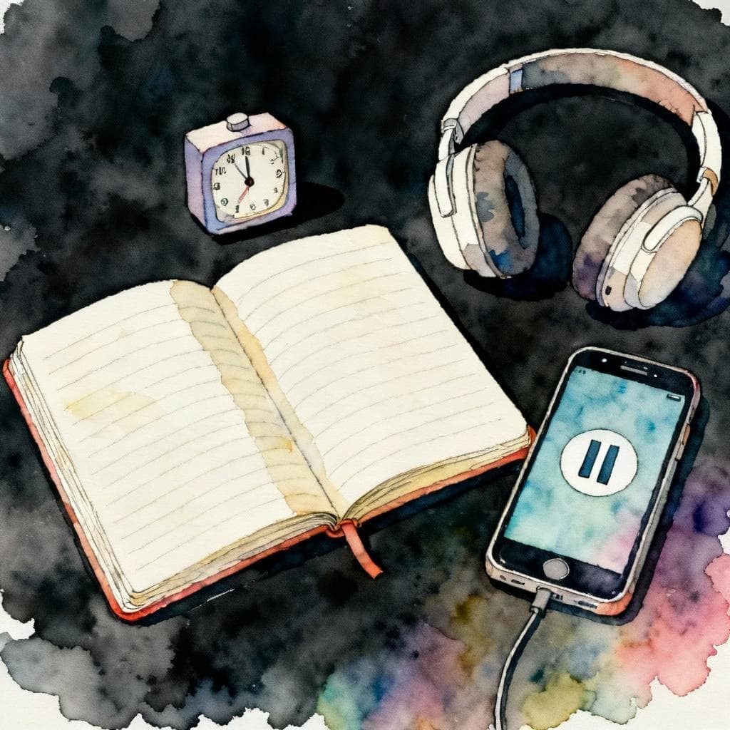 Charming ink and watercolor painting, dark background: minimal desk scene with an open notebook, a smartphone with a pause icon, a small timer, and over‑ear headphones; clean lines, vibrant but soft palette, storybook style