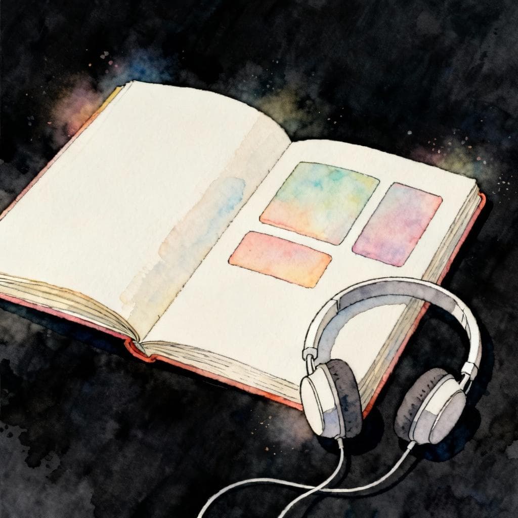 Charming ink and watercolor painting, clean lines, vibrant but soft color palette, storybook style, dark background. A simple open notebook with three softly highlighted rectangular blocks on the page, and a pair of minimal over-ear headphones resting beside it. No text on the page.