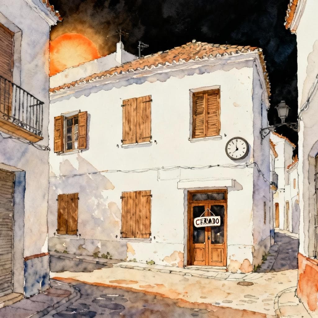 Charming ink and watercolor of a quiet Spanish street at midday: whitewashed buildings with closed wooden shutters, a small shop door with a “CERRADO” sign, warm sun, a simple wall clock hinting early afternoon; clean lines, vibrant but soft palette, storybook style, dark background