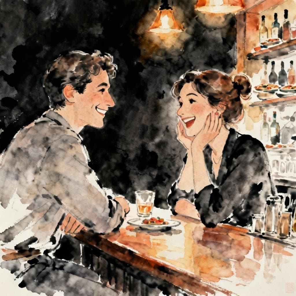 Two people talking warmly at a cozy tapas bar. One person is smiling genuinely, and the other is reacting with a delighted, flattered expression. The scene is friendly and respectful. Charming ink and watercolor painting, dark background.