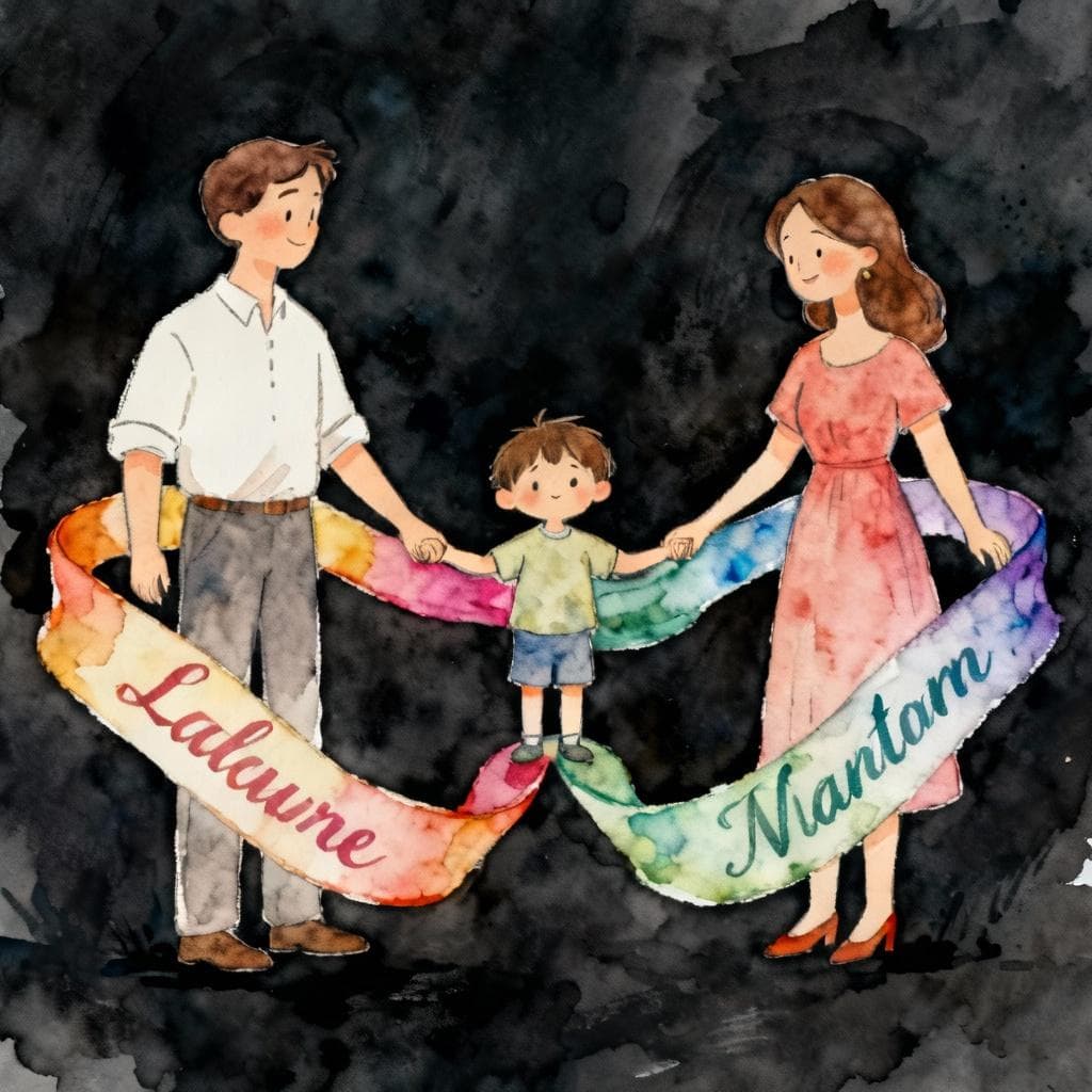 Simple family trio diagram: two parents on left and right and one child in the center, two colored surname bands flowing from parents to the child to form two last names; charming ink and watercolor, clean lines, vibrant but soft colors, dark background, storybook style.