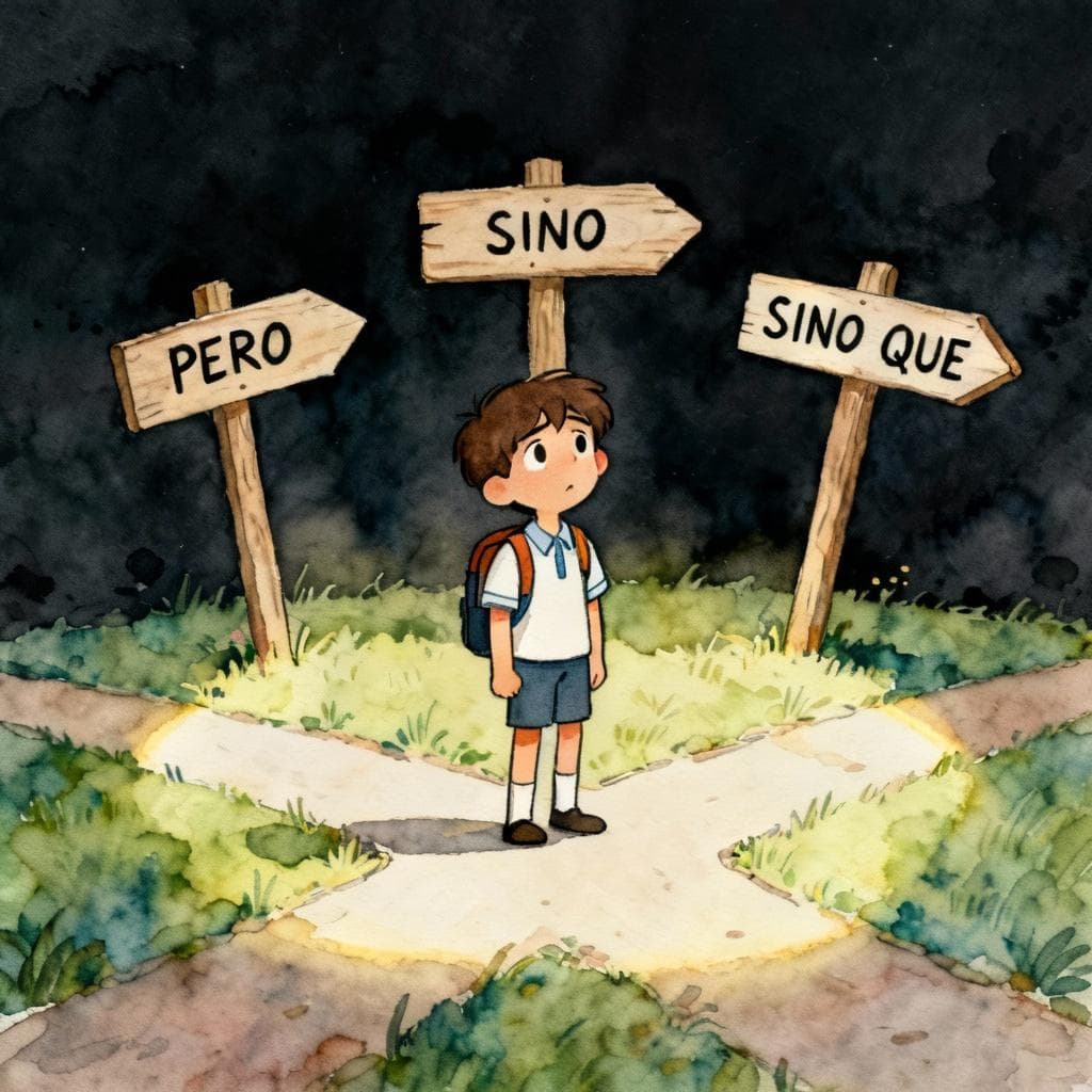 A charming ink and watercolor painting, clean lines, vibrant but soft color palette, storybook style, dark background. A young student stands at a crossroads, looking confused. There are three simple wooden signposts. The first sign says 'PERO', the second says 'SINO', and the third says 'SINO QUE'.