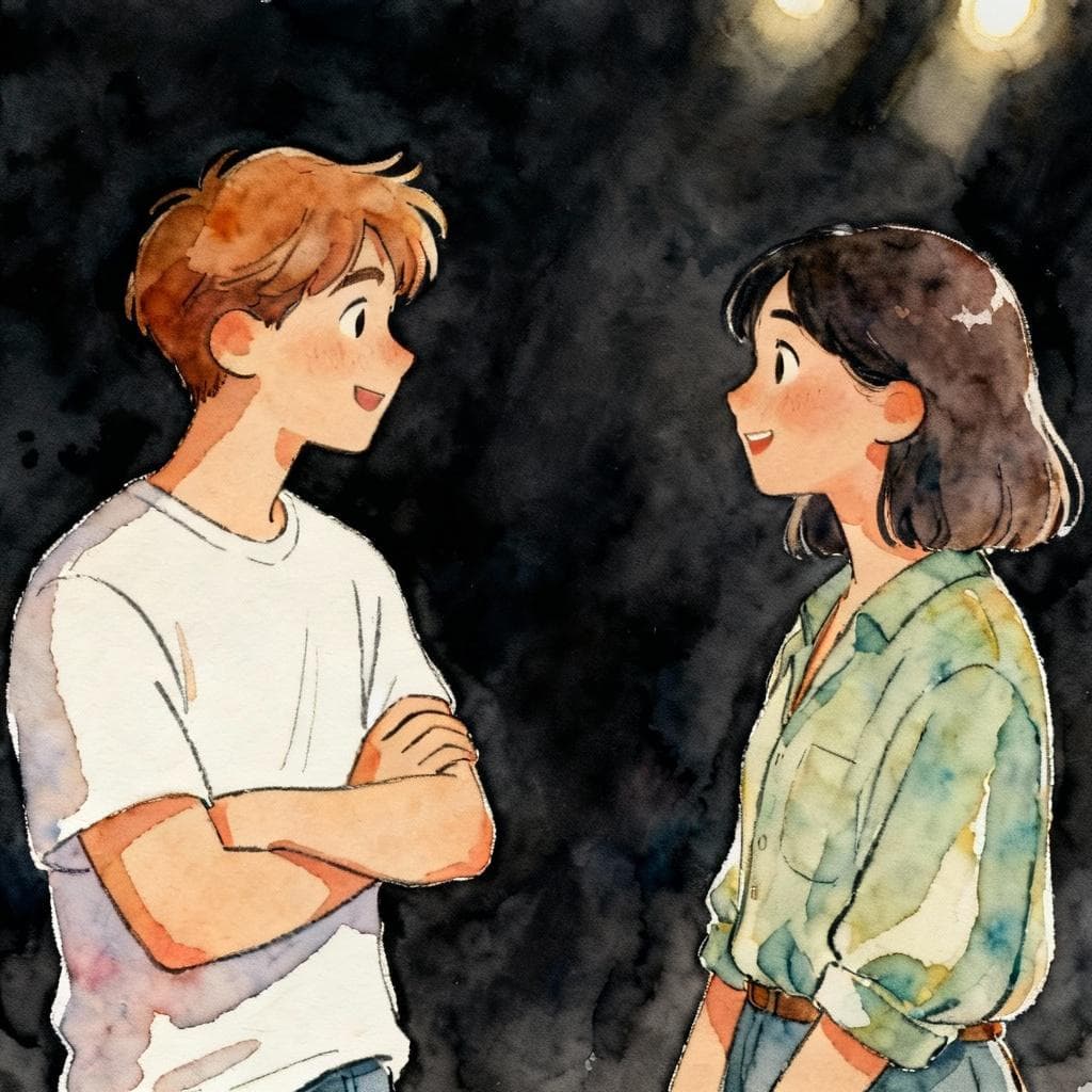Two people conversing at about one arm’s length, relaxed posture and friendly eye contact; simple scene, minimal background; charming ink and watercolor painting, clean lines, vibrant but soft color palette, storybook style, dark background.