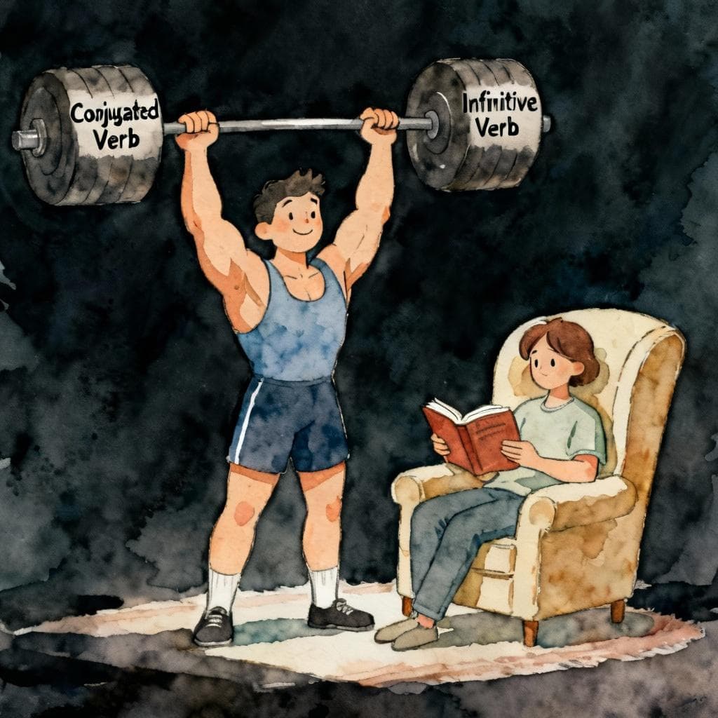 Charming ink and watercolor painting, clean lines, vibrant but soft color palette, storybook style, dark background. A friendly, muscular weightlifter is lifting a barbell labeled 'Conjugated Verb'. Next to him, a relaxed person is sitting in a comfortable armchair reading a book labeled 'Infinitive Verb'.