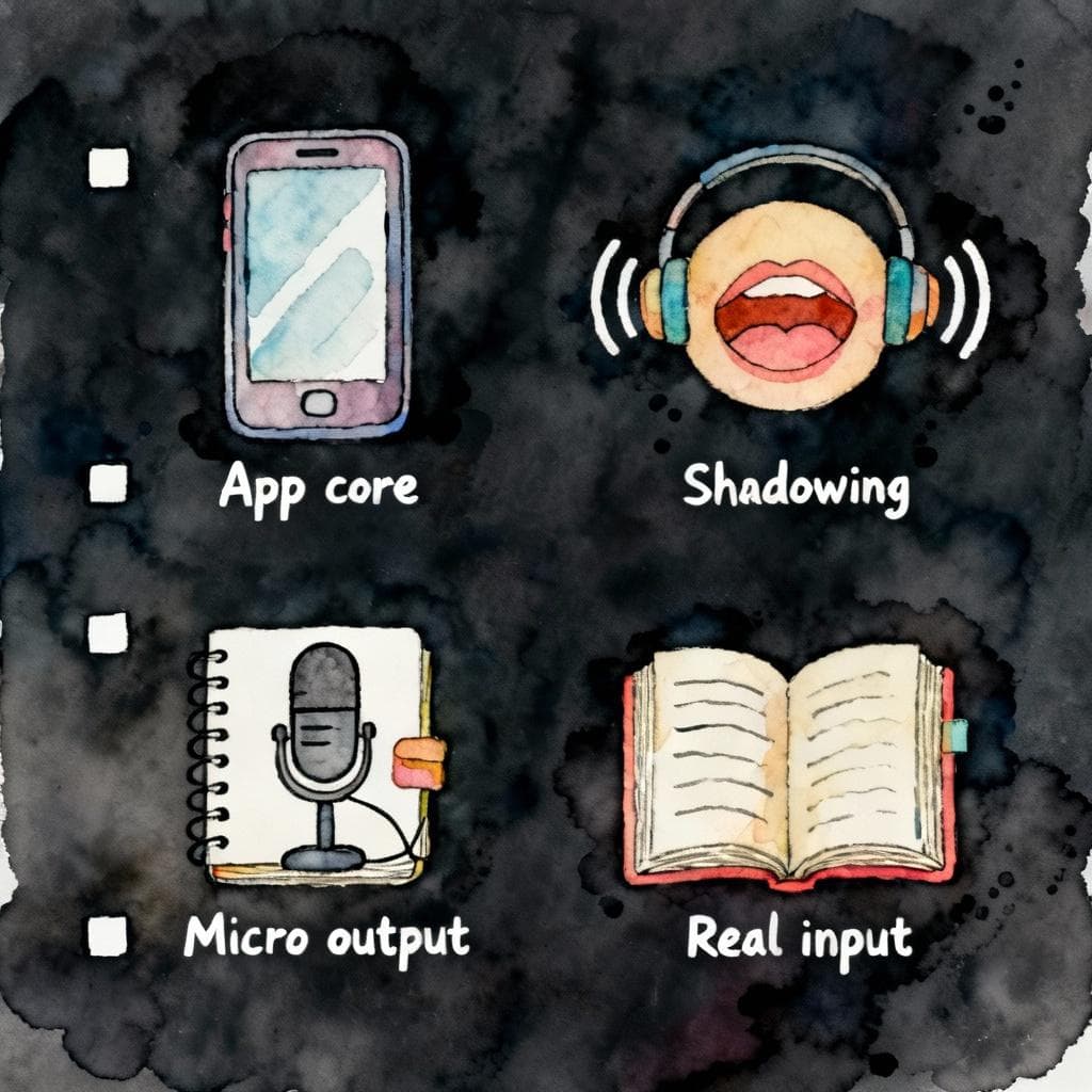 Ink-and-watercolor checklist with four simple icons on a dark background: a smartphone (App core), a small mouth with sound waves or headphones (Shadowing), a microphone and notebook (Micro output), and an open book (Real input). Clean lines, soft vibrant colors, storybook style, minimal details.