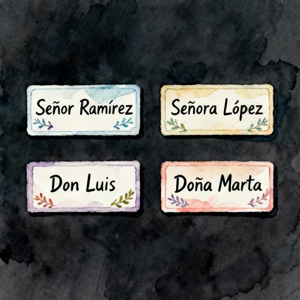 Charming ink and watercolor painting, clean lines, vibrant but soft palette, storybook style on a dark background. Four simple name badges arranged neatly: 'Señor Ramírez', 'Señora López', 'Don Luis', 'Doña Marta'. Minimal decorative flourishes, no extra objects.