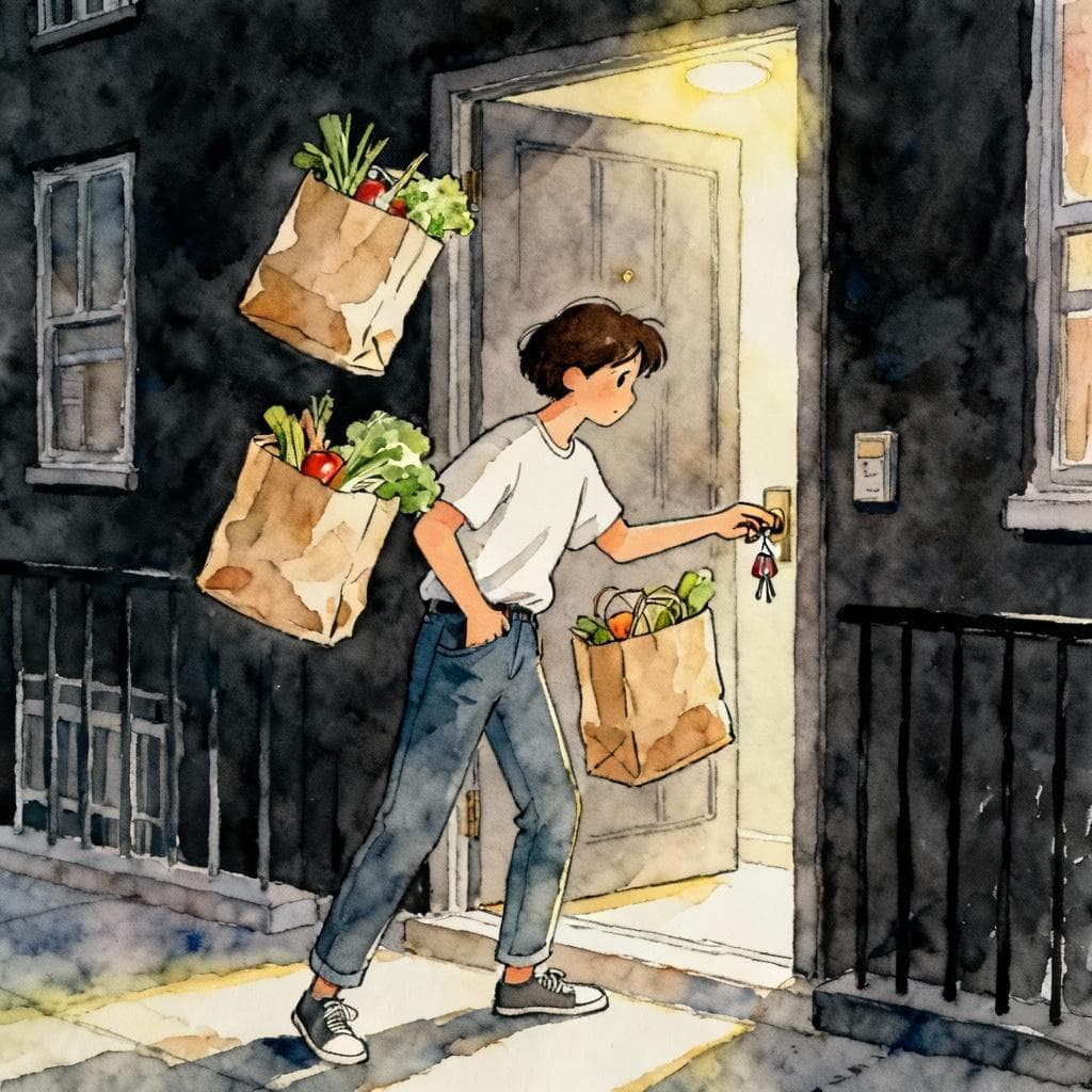 Charming ink and watercolor painting, clean lines, vibrant but soft color palette, storybook style, dark background. A person standing outside an apartment door, juggling three overflowing grocery bags, struggling to reach for keys in their pocket.
