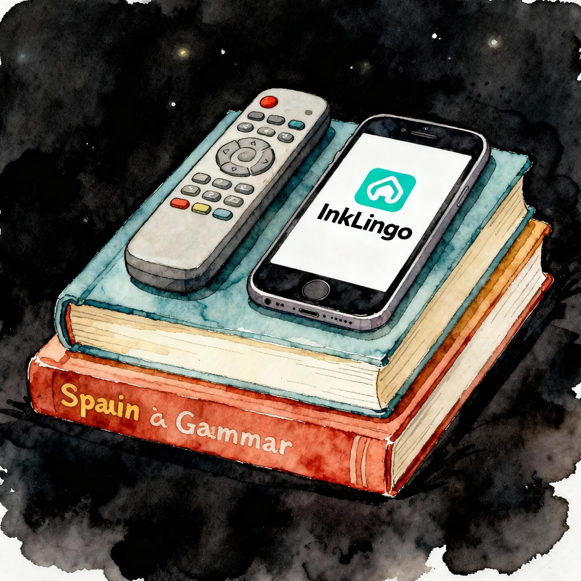 Charming ink and watercolor painting, clean lines, vibrant but soft color palette, storybook style, dark background. A stack of three items: a remote control, a thick Spanish grammar textbook, and a smartphone displaying the InkLingo app logo. The items are balanced neatly on top of each other.