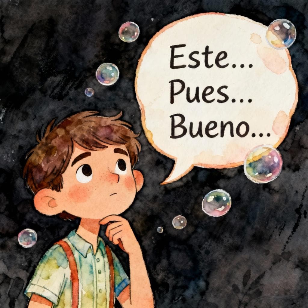 A friendly illustrated character with a thoughtful expression. A large, soft-edged speech bubble next to them contains Spanish filler words like "Este...", "Pues...", "Bueno..." floating gently. Charming ink and watercolor painting, clean lines, vibrant but soft color palette, storybook style. dark background.