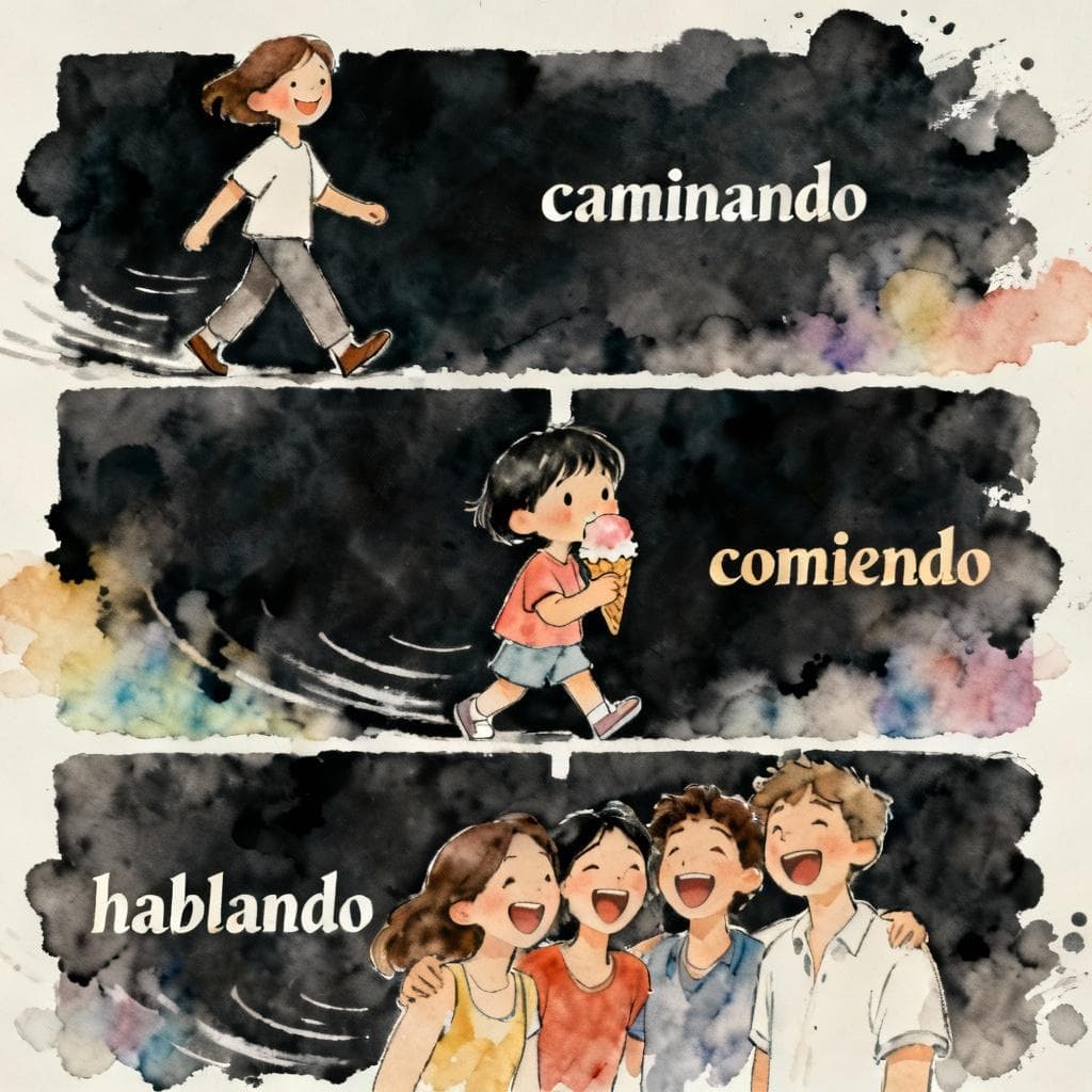 Charming ink and watercolor painting, storybook style, dark background. A split panel showing three simple actions: 1) A person happily walking (caminando), 2) A child eating ice cream (comiendo helado), 3) A group of friends laughing together (hablando). Over each action, subtly display the corresponding Spanish gerund form in a stylized font (caminando, comiendo, hablando). Focus on continuous, gentle movement.