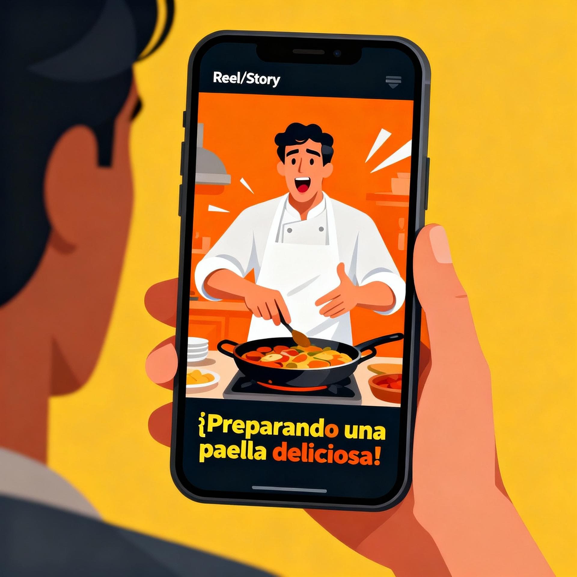 A stylized illustration of a person watching a vertical video (Reel/Story) on their phone. The video screen shows a fast-talking Spanish chef preparing food. Spanish captions are visible at the bottom of the video screen.