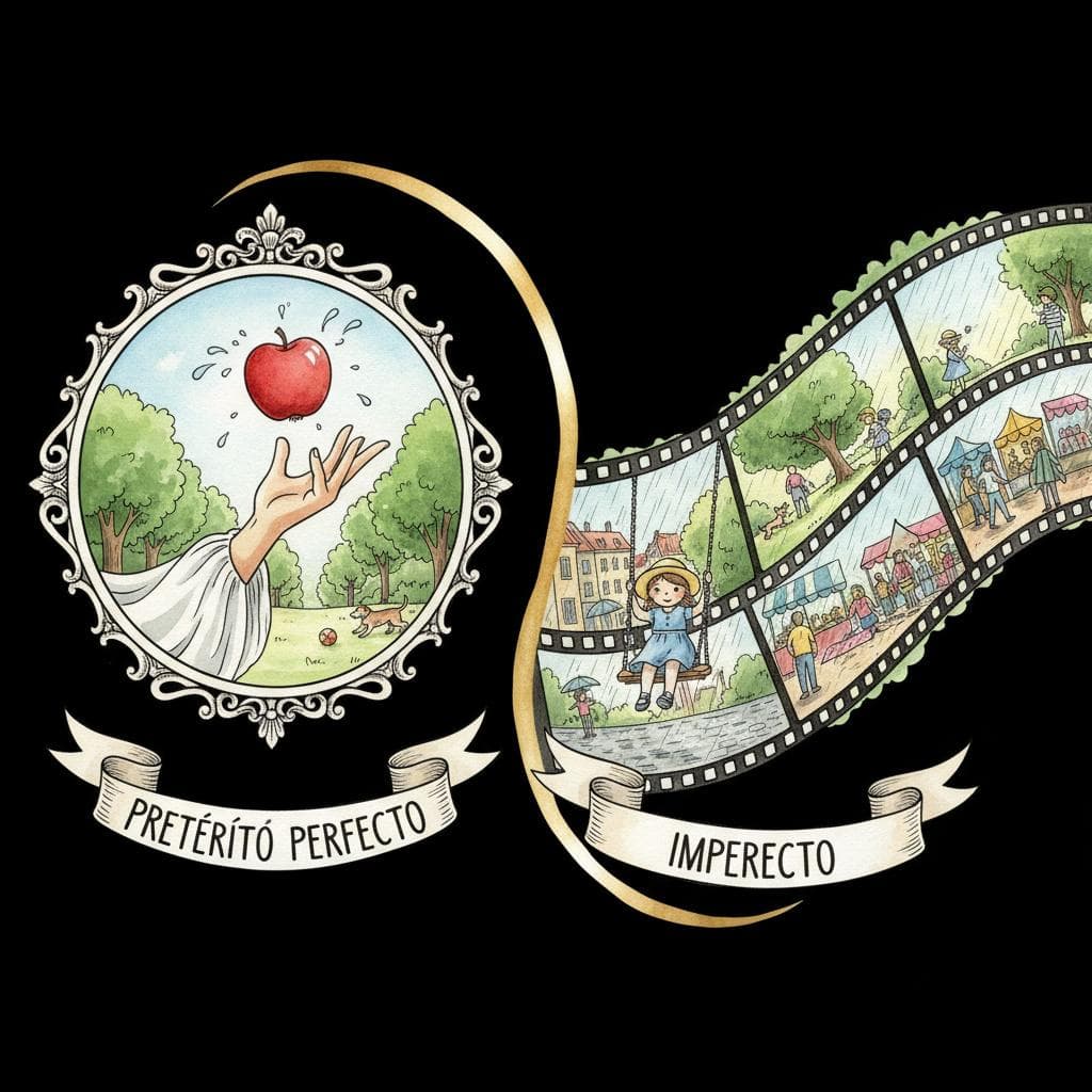 A split image or a dual scene vividly illustrating the contrast. On the left, representing the Preterite, a crisp, framed snapshot photo capturing a single, decisive action (e.g., a hand catching a falling apple, a firework exploding). On the right, representing the Imperfect, a flowing, continuous movie reel or film strip showing an ongoing, atmospheric scene with background details (e.g., a child continuously swinging on a swing set in a park, rain gently falling over a city street, a bustling market scene). The visual elements should clearly emphasize "single, completed moment" versus "ongoing, descriptive background." black background.
