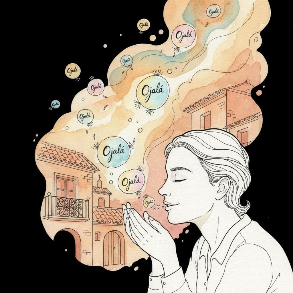 Charming ink and watercolor painting. A young person, eyes closed with a gentle smile, whispering a heartfelt wish into the air. The words "Ojalá" gently float upwards from their mouth like whimsical, glowing bubbles or dandelion seeds, disappearing into a soft, dreamlike sky. The background features subtle, warm Spanish architectural elements, implying the word's origin and common usage. Clean lines, vibrant but soft color palette, storybook style. black background.