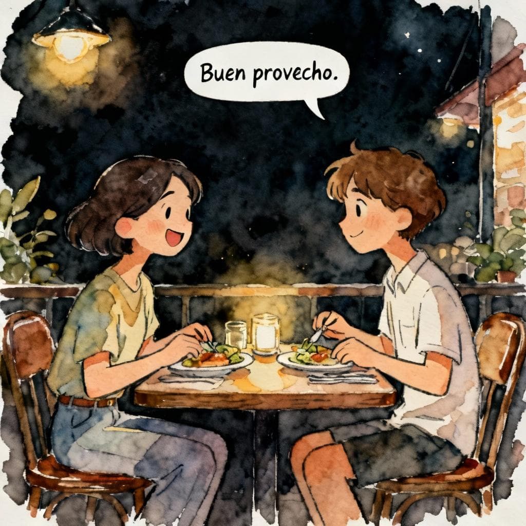 Charming ink and watercolor painting of a cozy café table at night, two friends about to eat, one smiling and saying “Buen provecho” in a small speech bubble; simple composition, clean lines, vibrant but soft colors, storybook style, dark background