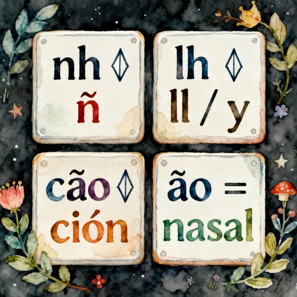 A simple four‑tile cheat sheet on a dark background: tiles labeled “nh ↔ ñ”, “lh ↔ ll / y”, “ção ↔ ción”, and “ão = nasal”; charming ink and watercolor, clean lines, vibrant but soft colors, storybook style.