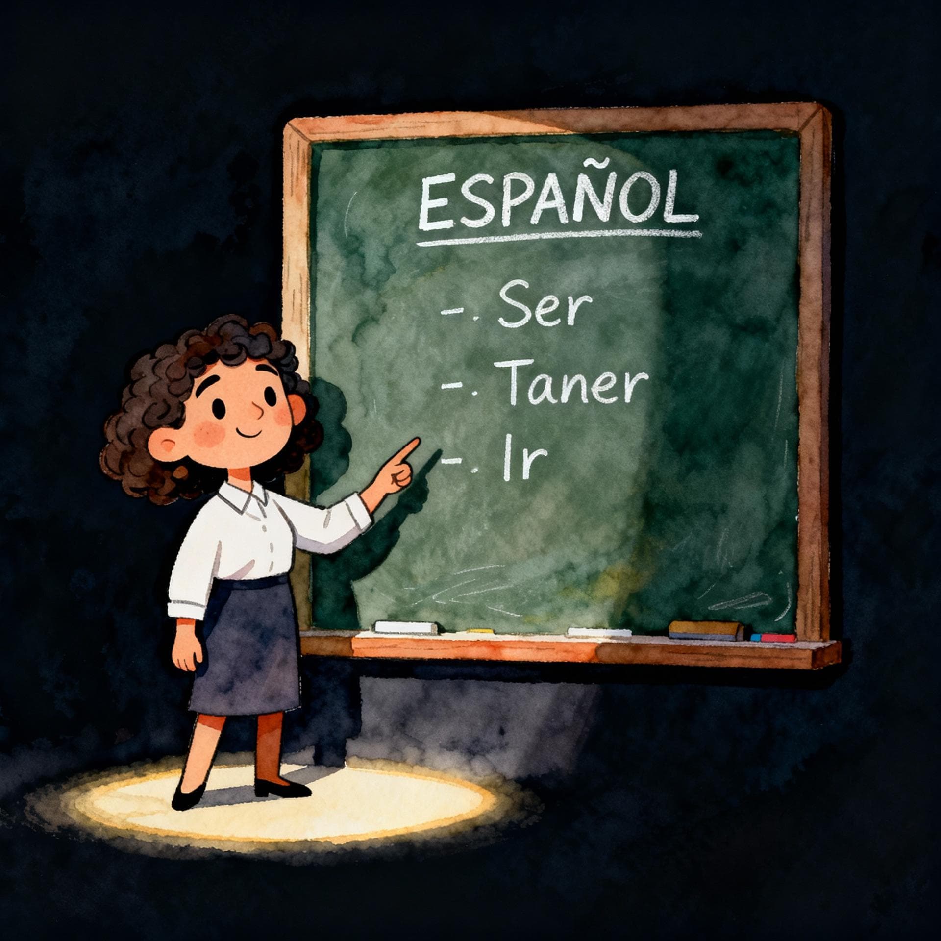 Charming ink and watercolor painting, clean lines, vibrant but soft color palette, storybook style, dark background. A stylized, friendly Spanish-speaking teacher character standing next to a large chalkboard. The chalkboard has the word 'ESPAÑOL' written clearly at the top. The teacher is pointing to a list of three simple, essential verbs: 'Ser', 'Tener', and 'Ir'.
