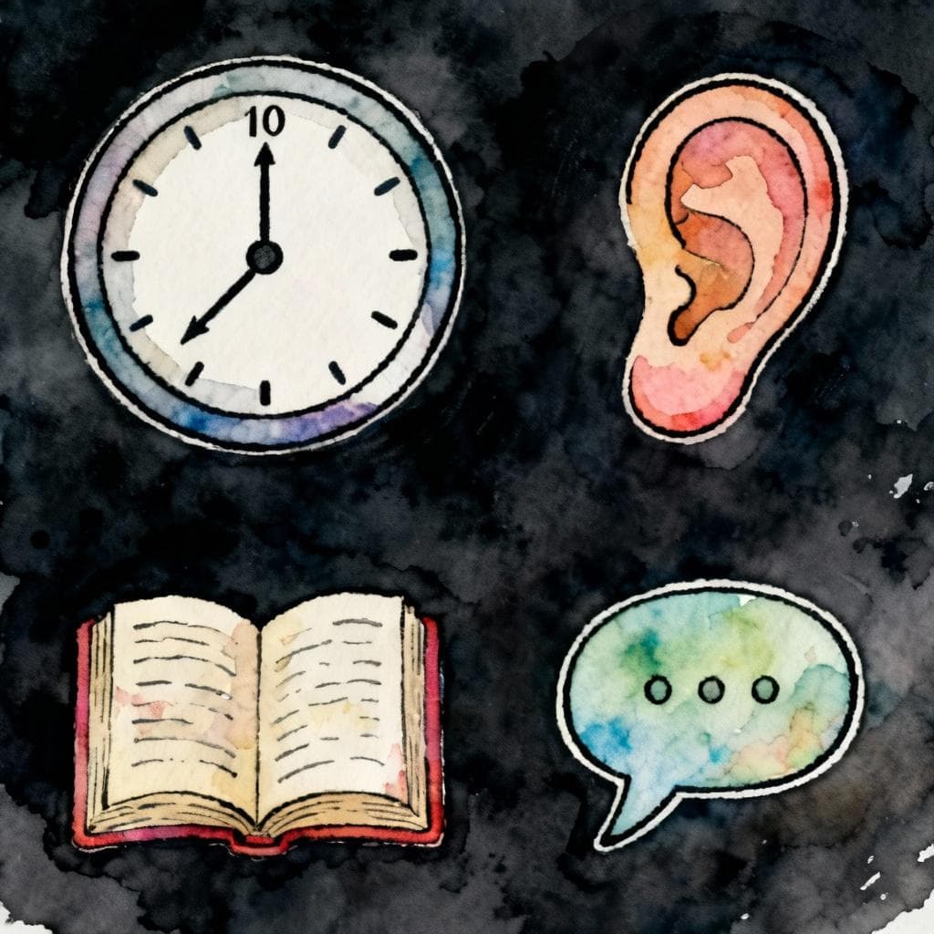 Charming ink and watercolor painting of a circular 10-minute timer beside three simple icons: an open book, an ear, and a speech bubble; clean lines, vibrant but soft colors, storybook style, dark background